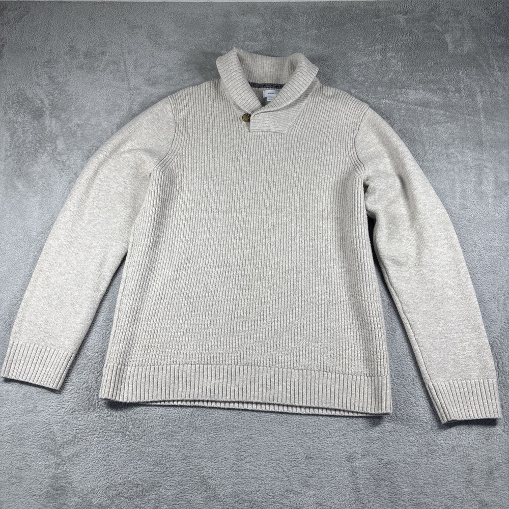 Old Navy Men's Ribbed-Knit Shawl Collar Pullover Sweater Beige Button Accent XL
